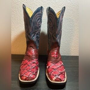 Womens Roper Exotic Pirarucu Leather Boots Size 7 Red Black Shaft 9 21 6510 8146